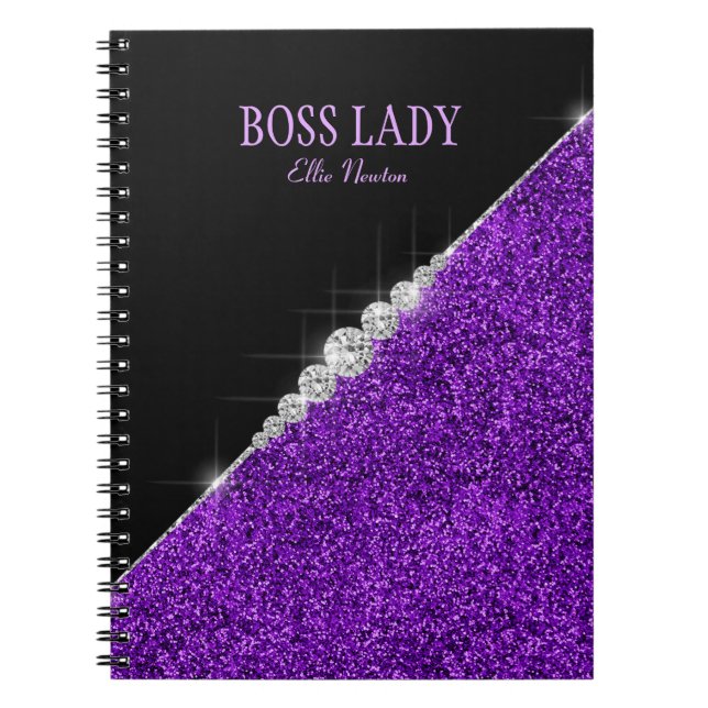 Purple Glitter Silver Diamonds Personalized Notebook (Front)