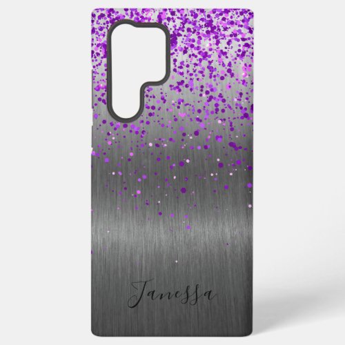 Purple Glitter Silver Metal Personalized Glam Samsung Galaxy S22 Ultra Case