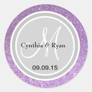 Purple Glitter & Silver Wedding Monogram Label
