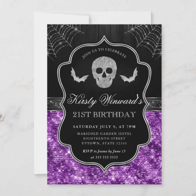 Purple Glitter Skull and Spider Web 21st Birthday Invitation (Front)