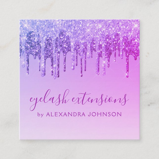 Purple Glitter Sparkle Eyelash Extensions Square Business Card (Front)