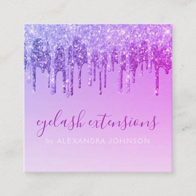 Purple Glitter Sparkle Eyelash Extensions Square Business Card (Front)