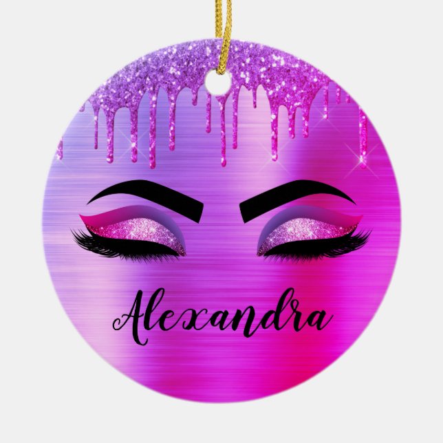 Purple Glitter Sparkle Eyelashes Monogram Name Ceramic Ornament (Front)