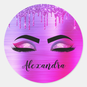 Purple Glitter Sparkle Eyelashes Monogram Name Classic Round Sticker