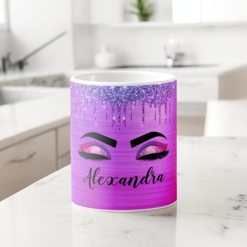 Purple Glitter Sparkle Eyelashes Monogram Name Coffee Mug