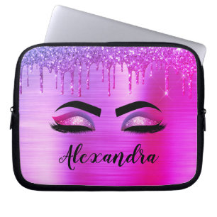 Purple Glitter Sparkle Eyelashes Monogram Name Laptop Sleeve