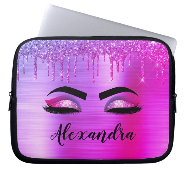 Purple Glitter Sparkle Eyelashes Monogram Name Laptop Sleeve (Front)