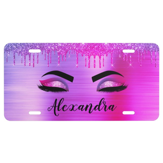 Purple Glitter Sparkle Eyelashes Monogram Name License Plate (Front)