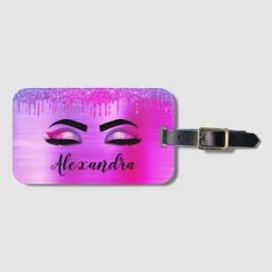Purple Glitter Sparkle Eyelashes Monogram Name Luggage Tag