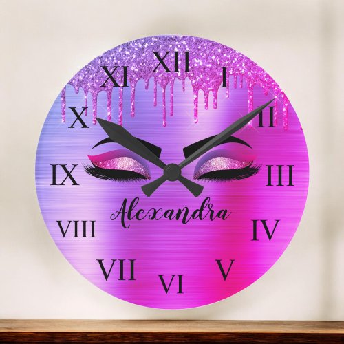 Purple Glitter Sparkle Eyelashes Monogram Name Round Clock