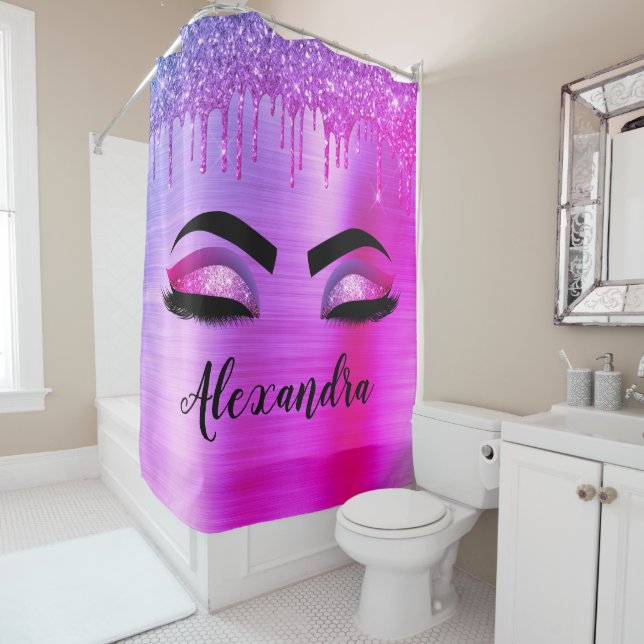 Purple Glitter Sparkle Eyelashes Monogram Name Shower Curtain (In Situ)