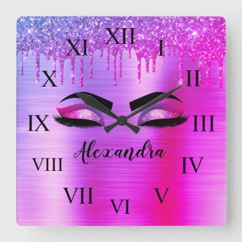 Purple Glitter Sparkle Eyelashes Monogram Name Square Wall Clock