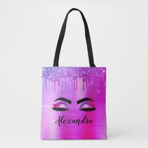 Purple Glitter Sparkle Eyelashes Monogram Name Tote Bag