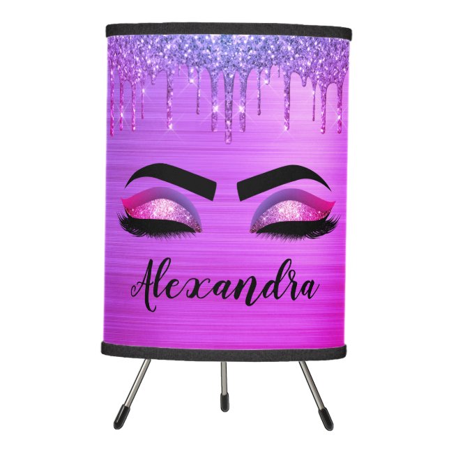 Purple Glitter Sparkle Eyelashes Monogram Name Tripod Lamp (Front)
