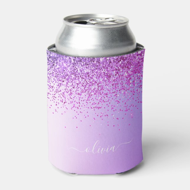 Purple Glitter Sparkle Glam Metal Monogram Name Can Cooler (Can Front)