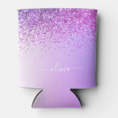 Purple Glitter Sparkle Glam Metal Monogram Name Can Cooler (Front)