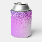 Purple Glitter Sparkle Glam Metal Monogram Name Can Cooler (Can Back)