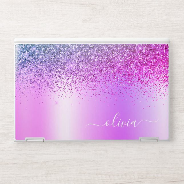 Purple Glitter Sparkle Glam Metal Monogram Name HP Laptop Skin (Front)