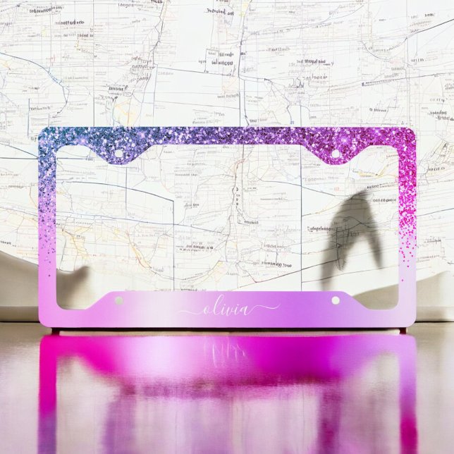 Purple Glitter Sparkle Glam Metal Monogram Name License Plate Frame (Creator Uploaded)