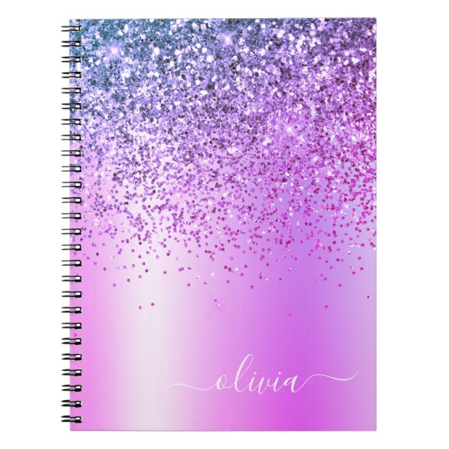 Purple Glitter Sparkle Glam Metal Monogram Name Notebook (Front)