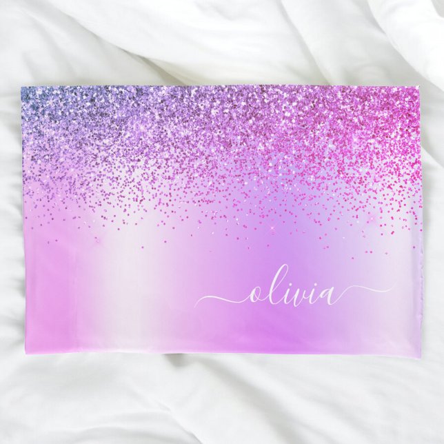 Purple Glitter Sparkle Glam Metal Monogram Name Pillow Case (Creator Uploaded)
