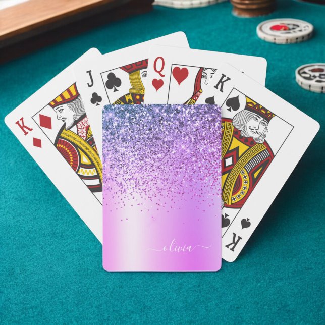 Purple Glitter Sparkle Glam Metal Monogram Name Poker Cards (Creator Uploaded)