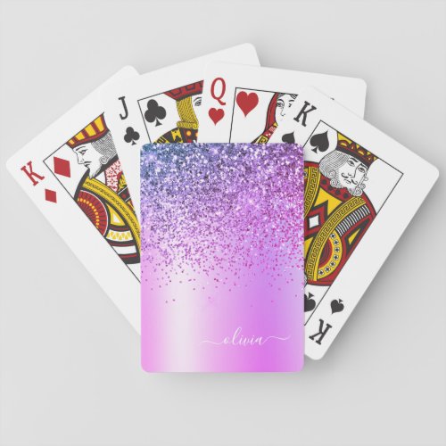 Purple Glitter Sparkle Glam Metal Monogram Name Poker Cards