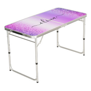 Purple Glitter Sparkle Metal Monogram Name Beer Pong Table