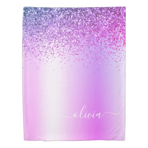 Purple Glitter Sparkle Metal Monogram Name Duvet Cover