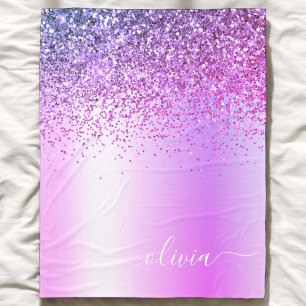 Purple Glitter Sparkle Metal Monogram Name Fleece Blanket