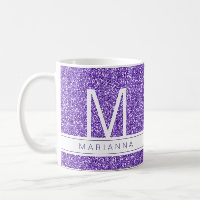 Purple Glitter Sparkle Monogram Custom Name Coffee Mug (Left)