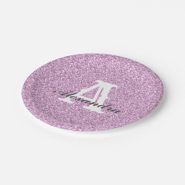 Purple Glitter & Sparkle Monogram Paper Plate (Angled)
