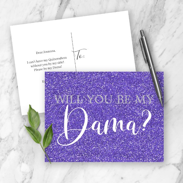 Purple Glitter Sparkle Quinceanera Dama Proposal Invitation Postcard