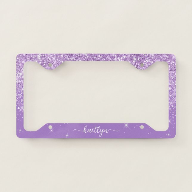 Purple Glitter Sparkle Script Monogram License Plate Frame (Front)