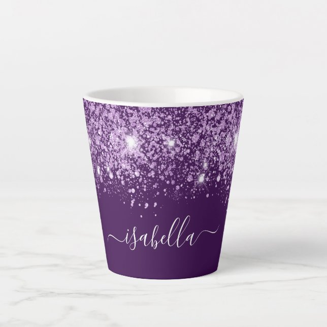 Purple glitter sparkles name monogram script latte mug (Front)