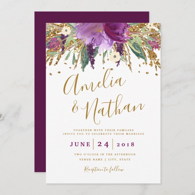 Purple Glitter Sparkling Amethyst Wedding Invitation (Front/Back)