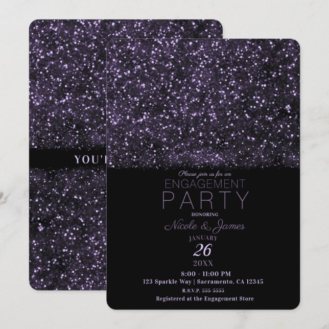 Purple Glitter Sparkling Lights Engagement Party Invitation (Front/Back)