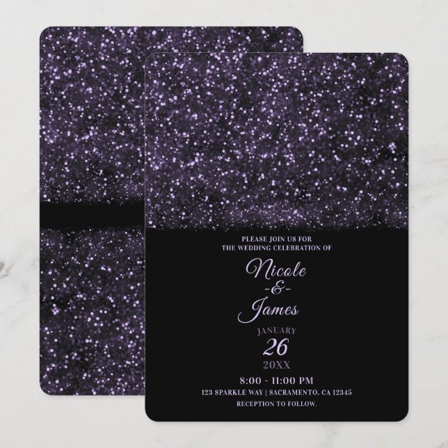 Purple Glitter Sparkling Lights Wedding Invitation (Front/Back)