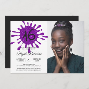 Purple Glitter Splash Sweet 16 16th Birthday Party Invitation