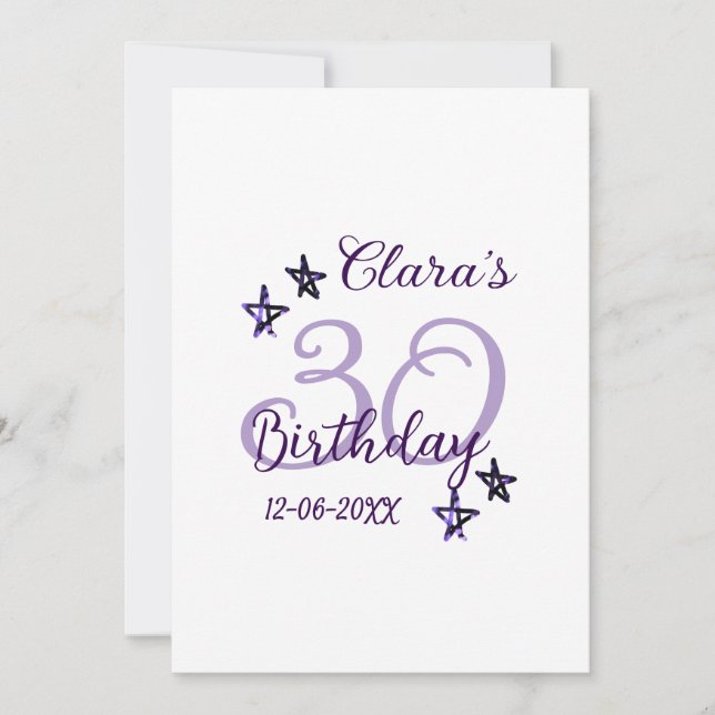 Purple glitter stars 30th birthday modern retro  invitation (Front)