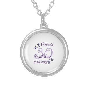 Purple glitter stars 30th birthday modern retro silver plated necklace