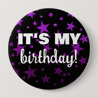 Purple Glitter Stars Confetti It's My Birthday Button