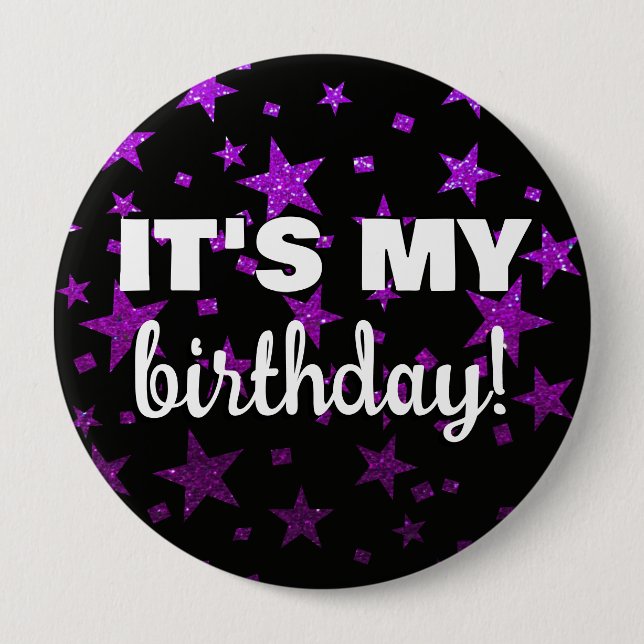 Purple Glitter Stars Confetti It's My Birthday Button (Front)