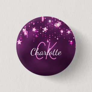 Purple glitter stars custom monogram pink button