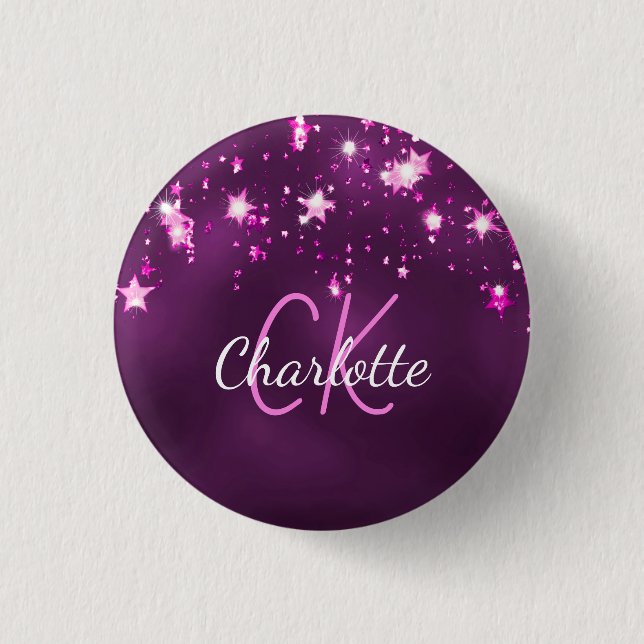 Purple glitter stars custom monogram pink button (Front)