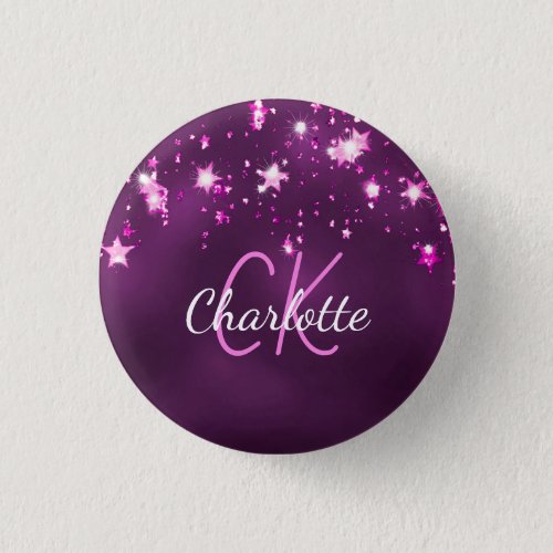 Purple glitter stars custom monogram pink button