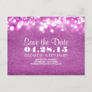 purple glitter string of lights save the date announcement postcard