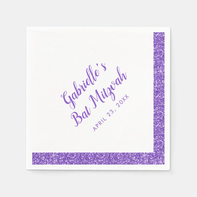 Purple Glitter Stripe Personalized Bat Mitzvah Napkins (Front)
