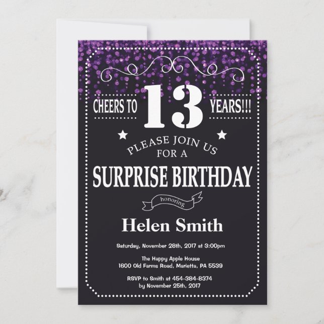 Purple Glitter Surprise 13th Birthday Invitation (Front)