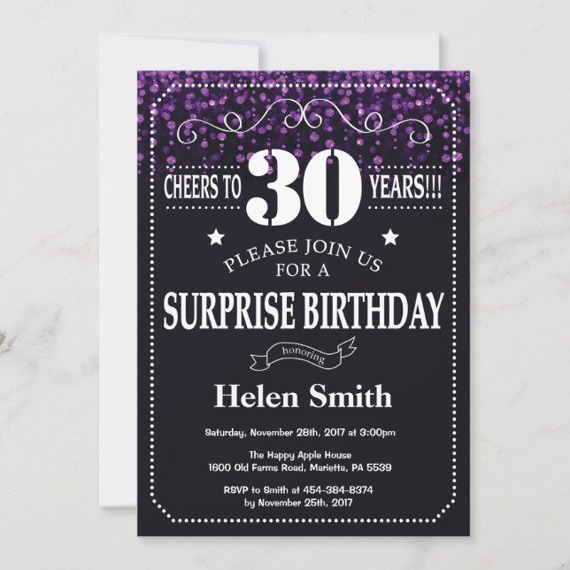 Purple Glitter Surprise 30th Birthday Invitation (Front)